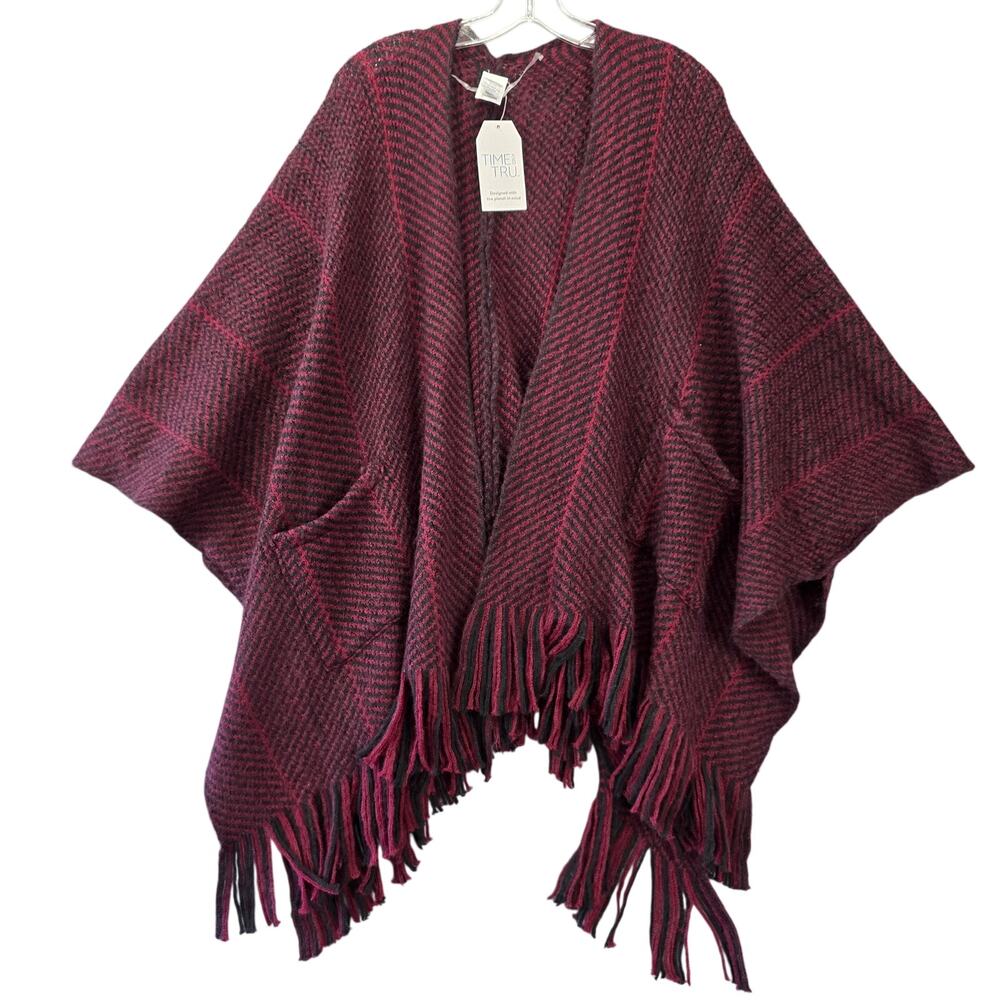 Time Tru Red Black NEW Cardigan Sweater Open Front Fringe Shawl Women's ONE SIZE